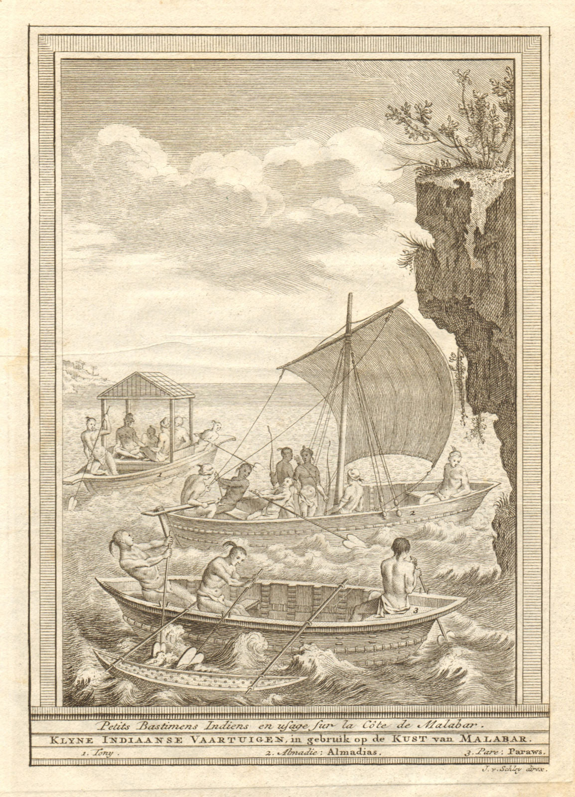 'Bâtimens Indiens… côte de Malabar' coast boat raft paraw. India SCHLEY 1747
